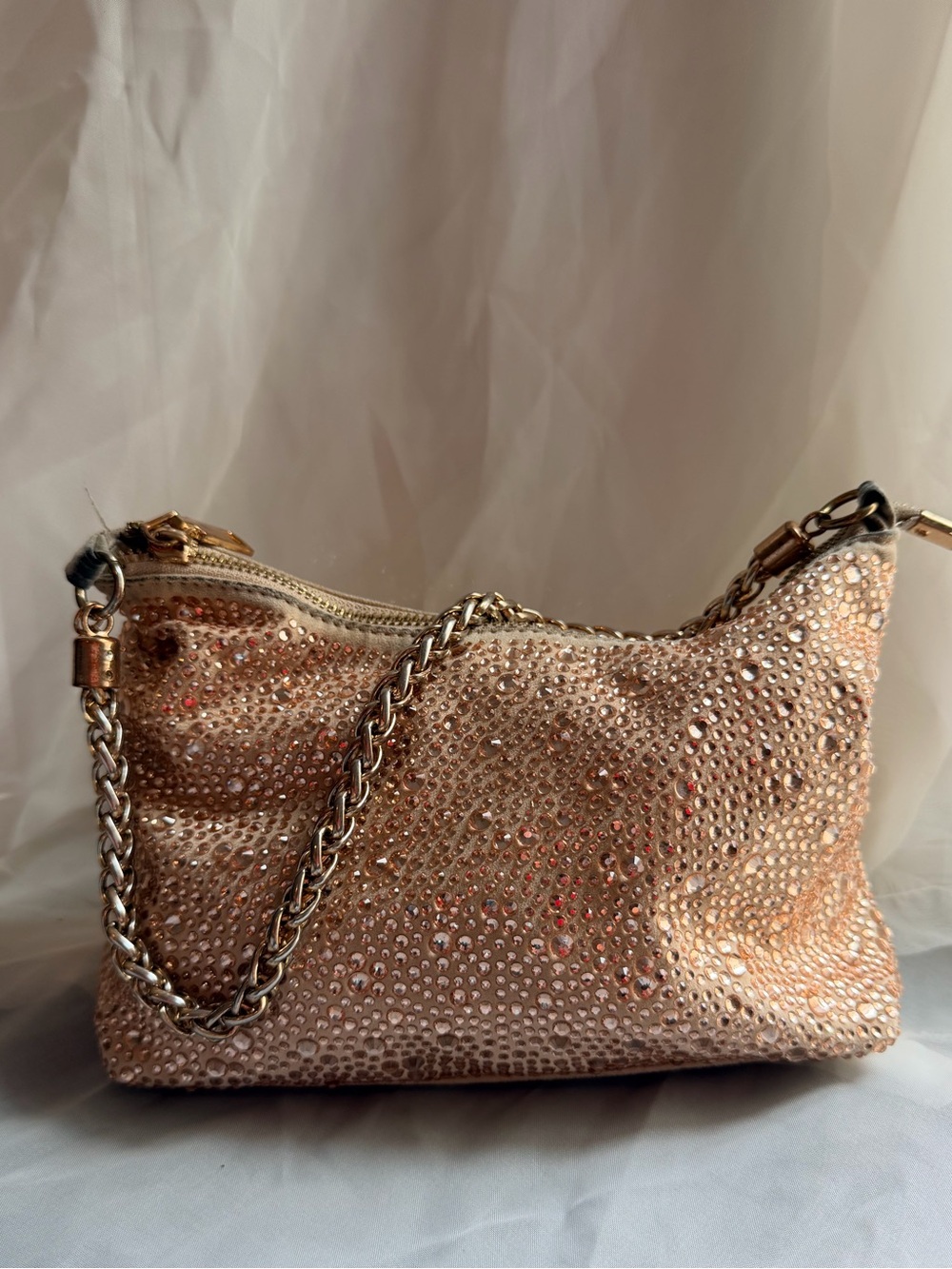 Sparkling Rose Gold Hobo Bag with Gold Chain